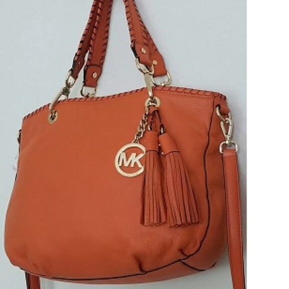 MICHAEL KORS BENNET TANGERINE ORANGE LEATHER MEDIUM CROSSBODY TOTE BAG NWT! - Picture 4 of 11